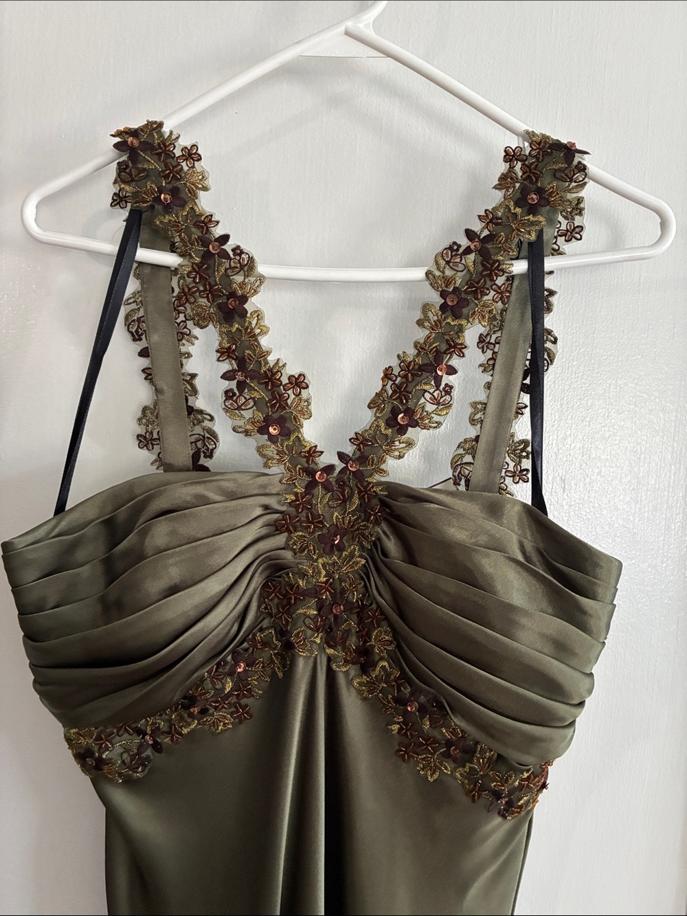 Night Way Collections Olive Green Satin Maxi Dress with Floral Lace Straps